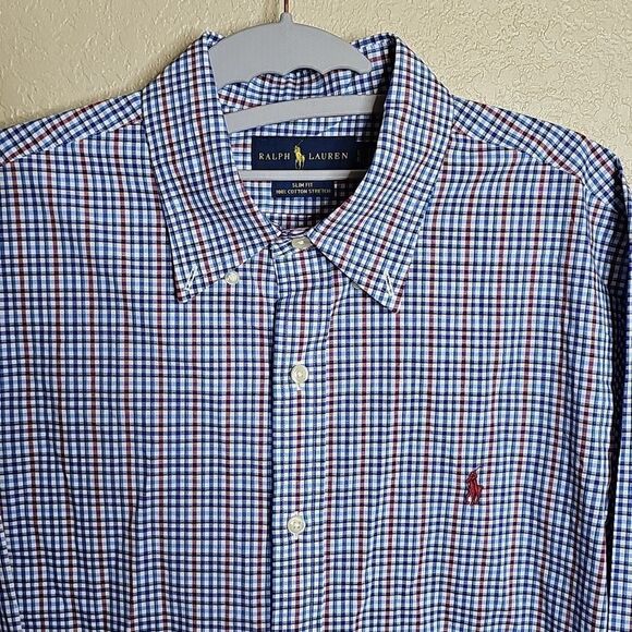 Ralph Lauren Polo Slim Fit Blue Red Plaid Casual Button Down Shirt Long Sleeve L - Picture 2 of 7